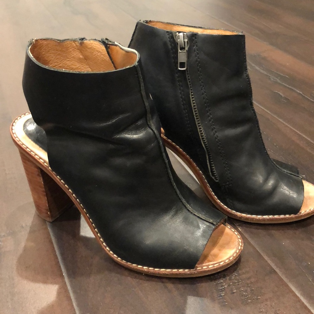 Madewell side zip open toe booties.
